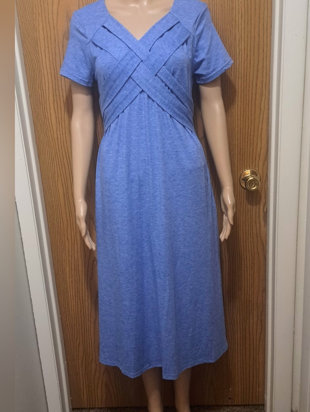 NWT Blue Jersey Knit Criss Cross Bodice Noracora Midi Aline Dress W/ Pockets Sm
